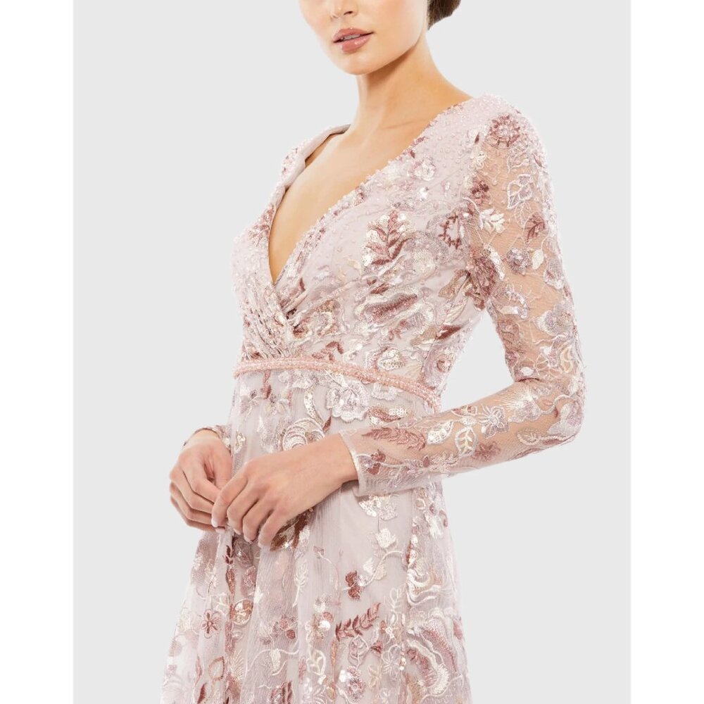 Mac Duggal Embellished V Neck Illusion Long Sleeve A Line Gown in Rose Size 12 - Picture 4 of 12